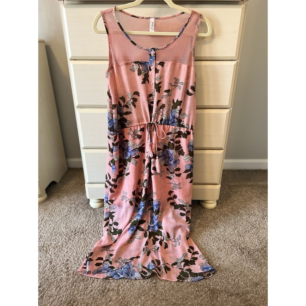 Pink & Blue Floral Country Cottage Fishnet Tie Waist Midi Dress Women's Medium